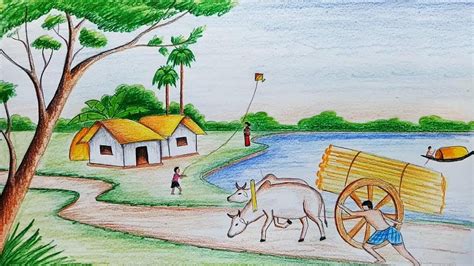 Simple Village Scenery Drawing Easy Landscape Drawing Drawing Class ...