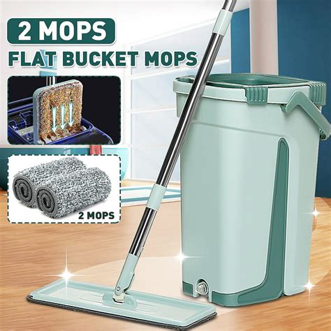 Self Cleaning Flat Mop & Bucket Set with 2Pcs Reusable Microfiber Mop ...