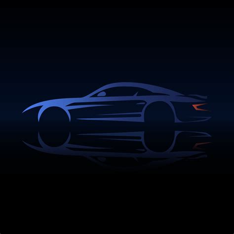 Elegant blue sports car silhouette with reflection on black background ...