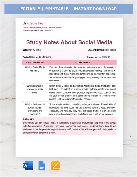 High School Note Taking Template - Google Docs, Word, Apple Pages ...