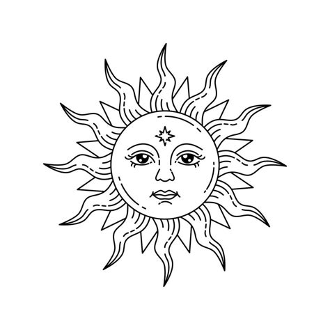 Celestial sun with face and opened eyes, stylized drawing, tarot card ...