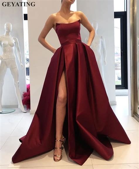 2019 Burgundy Prom Dresses with Pockets Side Slit Strapless Satin ...