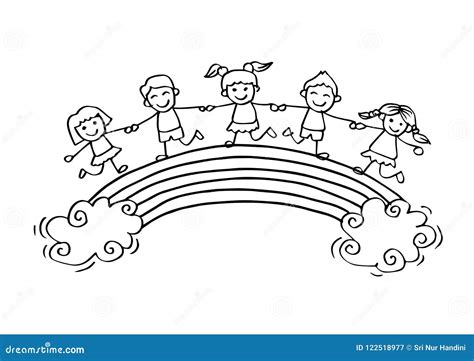 Cartoon Happy Kids on the Rainbow Stock Vector - Illustration of ...