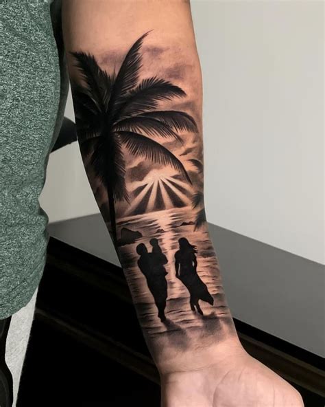 a person with a tattoo on their arm holding onto a palm tree and two people