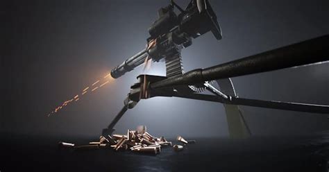 Minigun firing to the invisible target. Deadly firearm rapidly shooting ...