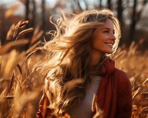 Premium AI Image | a woman with her hair blowing in the wind in a field