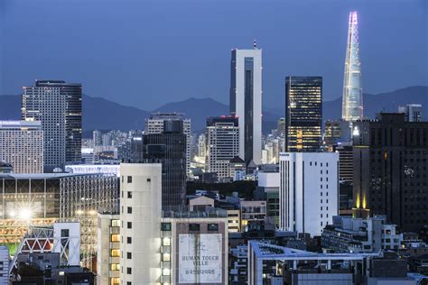 Gangnam District from an unique perspective and the Lotte World Tower ...