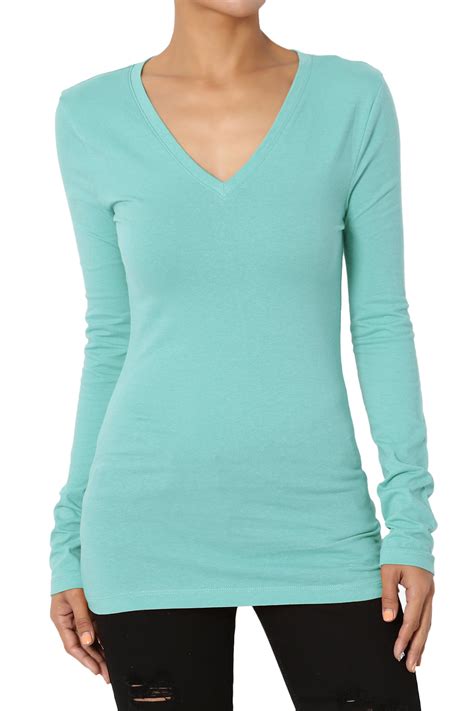 TheMogan Women's Basic Plain Solid V-Neck Long Sleeve Tee Cotton Fitted ...