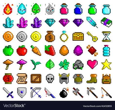 Pixel art icons set game assets 56 items Vector Image