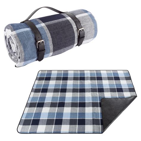 Waterproof Picnic Blanket- Large Outdoor Beach Mat- Blue Plaid & Faux ...