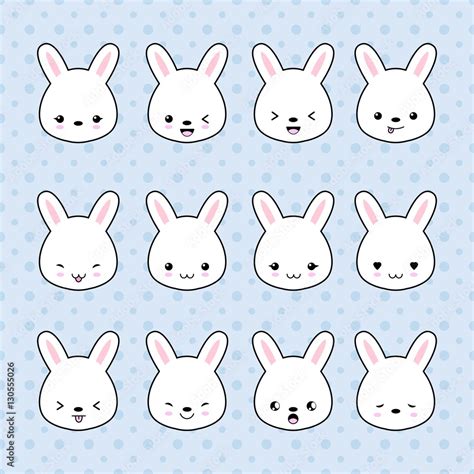 Set of Cartoon bunny stickers. Funny and kawaii smiles, emoji ...