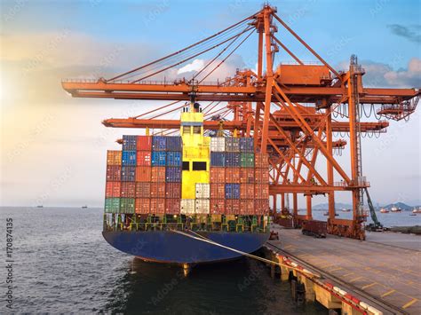 Container vessel loading full capacity at port of thailand Stock Photo ...