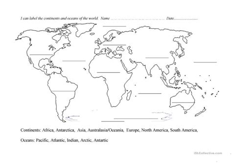 Continents and oceans blank map - English ESL Worksheets | Continents ...