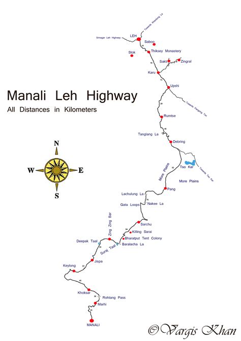 Manali to Leh Road Map With Distance - Vargis Khan