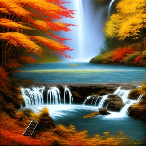 Beautiful Autumn Waterfall Painting · Creative Fabrica