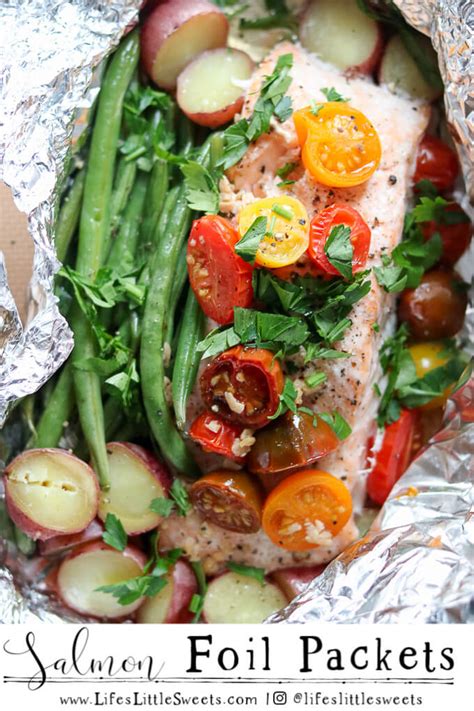 Salmon Foil Packets - Tomatoes, Garlic, Green Beans, Potatoes, Onions