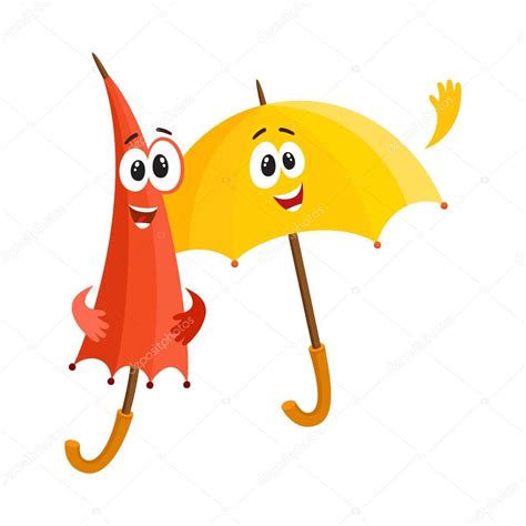 Two smiling funny umbrella characters, open and closed, saying hello ...