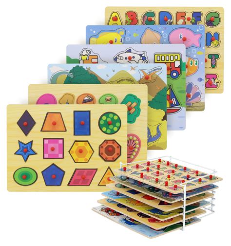 Etna Wood Peg Puzzle Set with 6 Puzzles and Wire Storage Rack – ABC ...