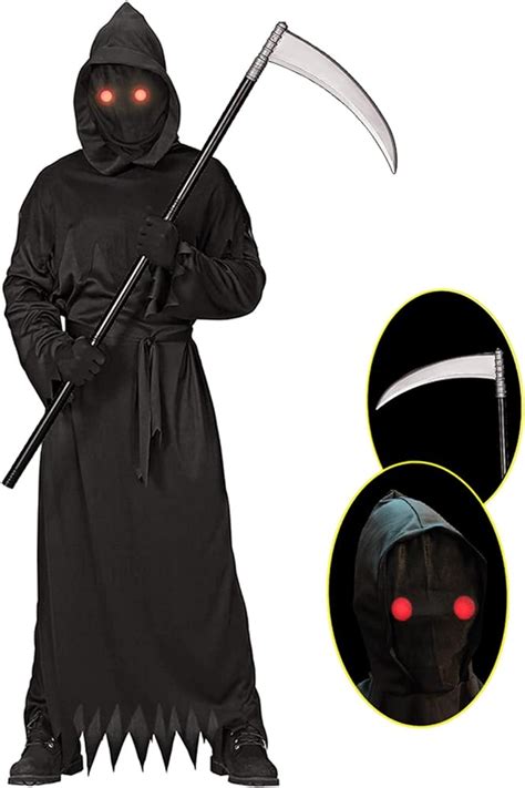 Grim Reaper Halloween Costume With Glowing Red Eyes For Kids, Scythe ...