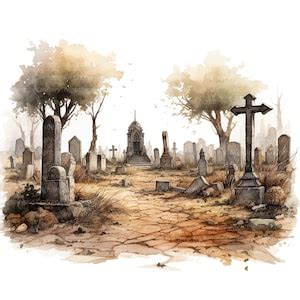 10 Abandoned Cemetery Clipart, Printable Watercolor Clipart, High ...