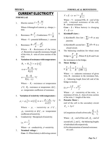 Formula booklet Physics Class- 12 Current Electricity | PW