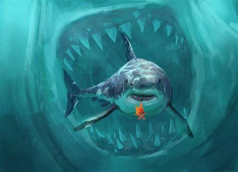 artwork, shark, goldfish, megalodon, cyan | 1500x1084 Wallpaper ...