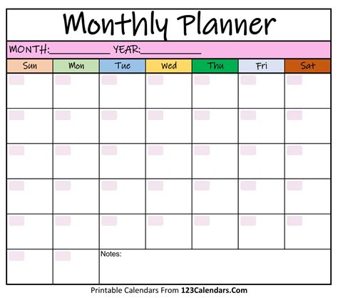 Printable Monthly Planner Templates | 123Calendars.com