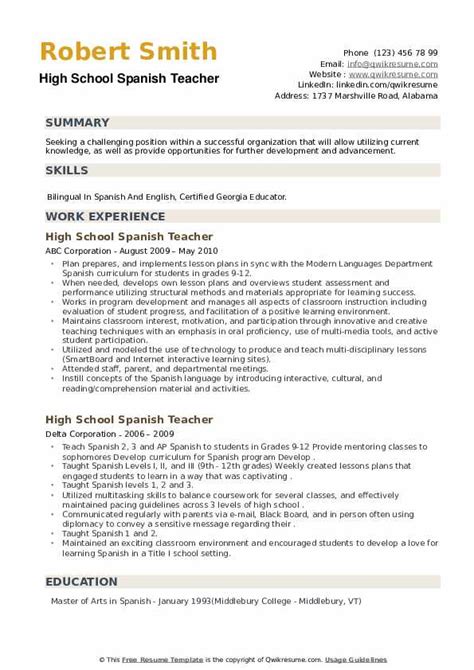 High School Spanish Teacher Resume Samples | QwikResume