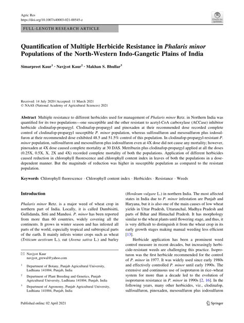 (PDF) Quantification of Multiple Herbicide Resistance in Phalaris minor ...