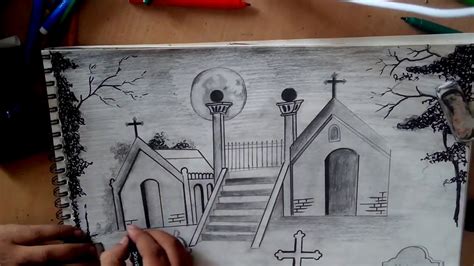 how to draw graveyard scene - YouTube