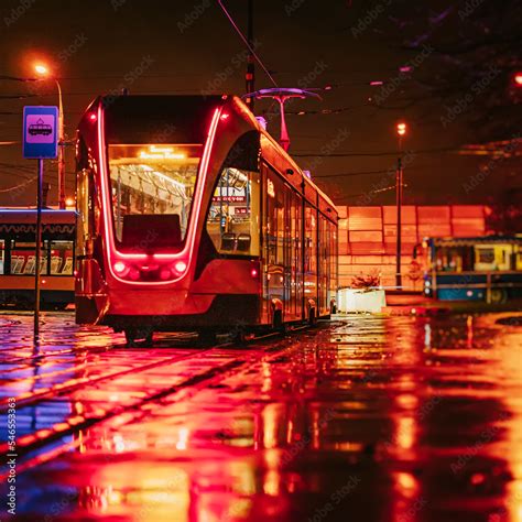 City night tram, tram terminus, city lights illumination, selective ...