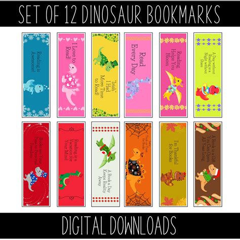 Monthly Dinosaur Bookmarks with Reading Quotes Set of 12 - Etsy España