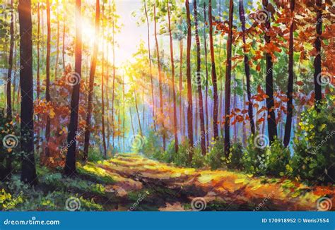 Autumn Oil Painting. Autumn Forest with Sunlight. Path in Forest ...