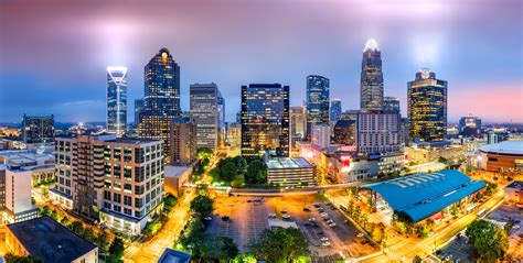 Aerial view of Charlotte, NC skyline on a foggy evening. Charlotte is ...