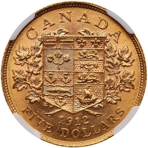 Canada. 5 Dollars, 1912 NGC MS63 Fr-4; KM-26. Weight 0.2419 ounce ...