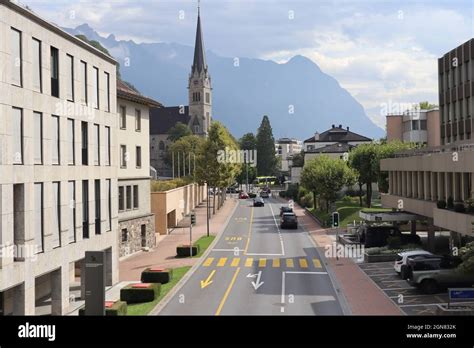 VADUZ, LIECHTENSTEIN - Sep 15, 2021: city centre of Vaduz seen from ...