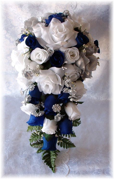 ROYAL BLUE Horizon Wedding Bouquet Cascade 2pc WHITE Silver