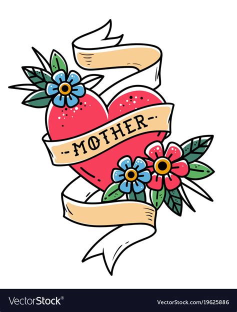 Tattoo red heart with ribbon and lettering mother Vector Image