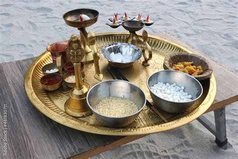 Paraphernalia for puja and arati on the banks of the Ganges. Items for ...