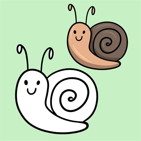 A set of color and sketch drawings. Cute cartoon brown snail, character ...