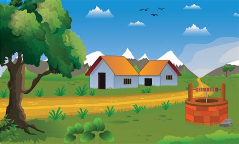 Village cartoon background illustration with old style cottage, well ...