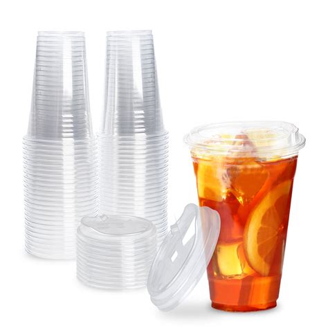 [100 Pack] Disposable Strawless Plastic Cups with Lids - 20 Oz Clear ...