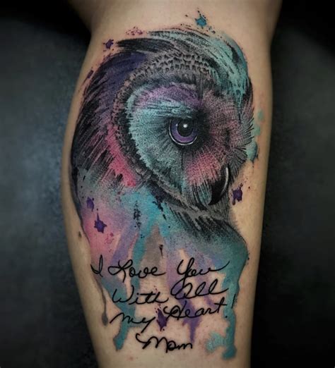 Watercolor owl tattoo | Watercolor owl tattoos, Owl tattoo, Purple tattoos