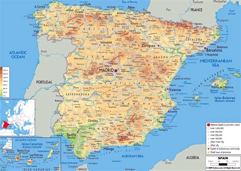 Large physical map of Spain with roads, cities and airports | Spain ...