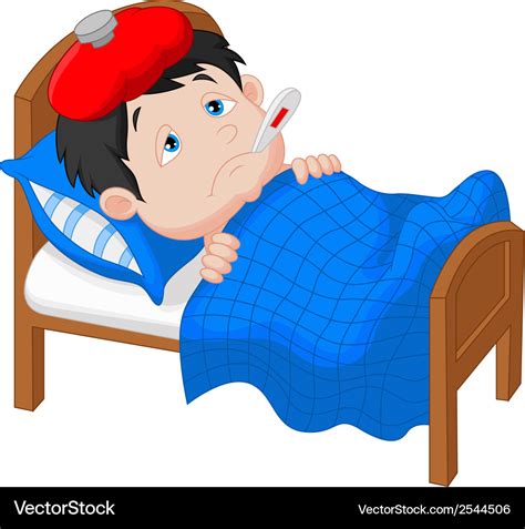 Cartoon sick boy lying in bed Royalty Free Vector Image