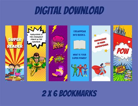 Superhero Bookmarks Set Epic Awesome Set of 6 Digital Prints Cool ...