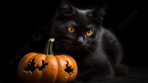 Black Cat With Halloween Pumpkins On A Black Background, Black Cat ...