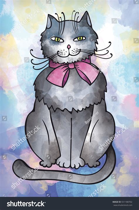 Watercolor Cute Sitting Colorful Cat Drawing Stock Illustration ...