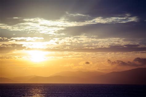 wallpaper sea, horizon, sunset, clouds, mountains, fog HD : Widescreen ...