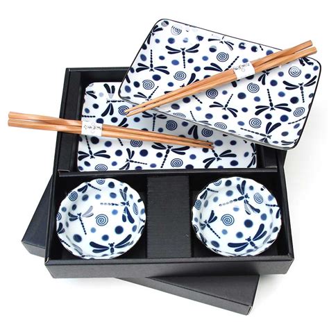 Blue Dragonflies Japanese Dinnerware Set for Sushi Night